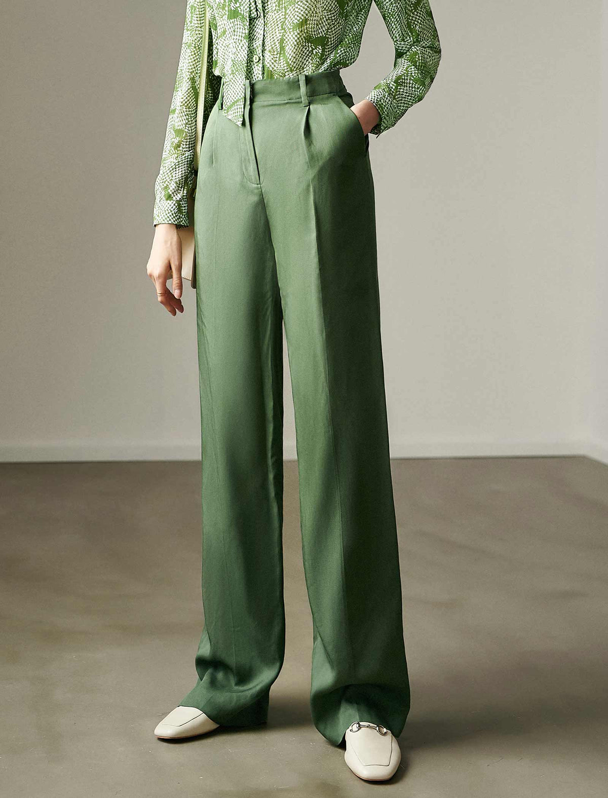 Green Tencel High-Waisted Wide Leg Pants