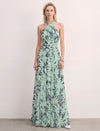 Green Tropical Leaf Print Halter Maxi Dress