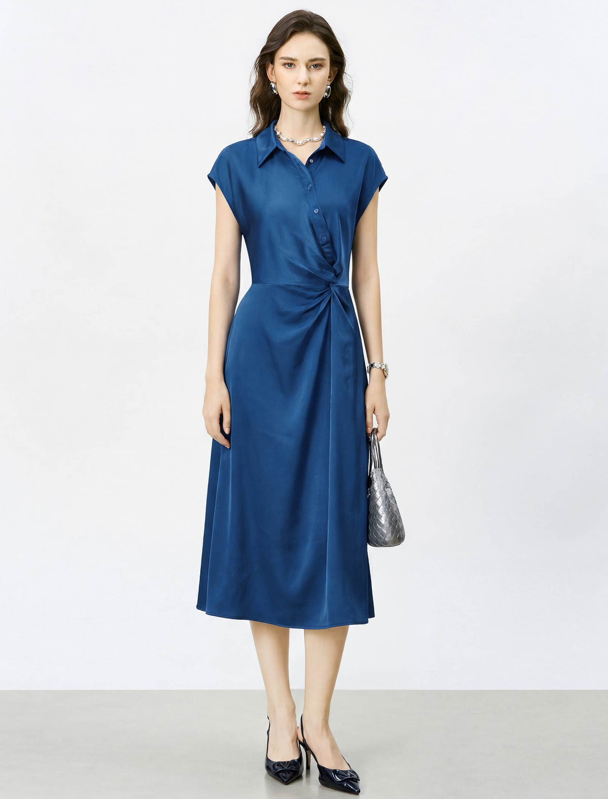 Satin Cap Sleeve Twist Waist Midi Shirt Dress