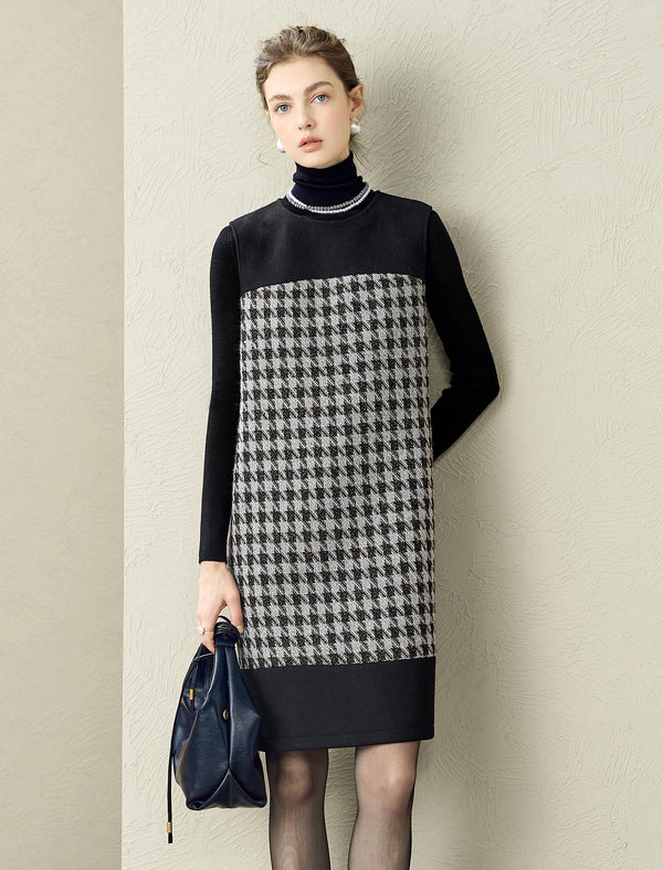 Houndstooth Wool-Blend Sleeveless Shift Dress