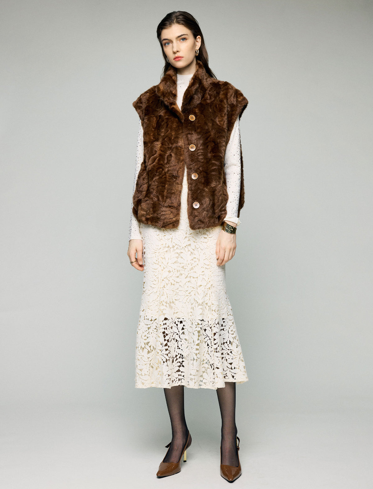 Stand-Collar Button-Front Sleeveless Cropped Vest