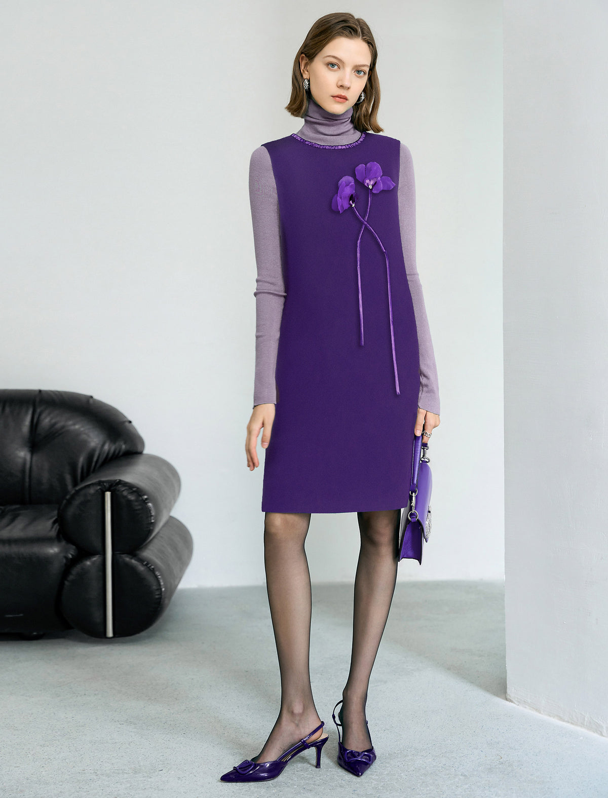 Wool Floral Detail Herringbone Sleeveless Shift Dress