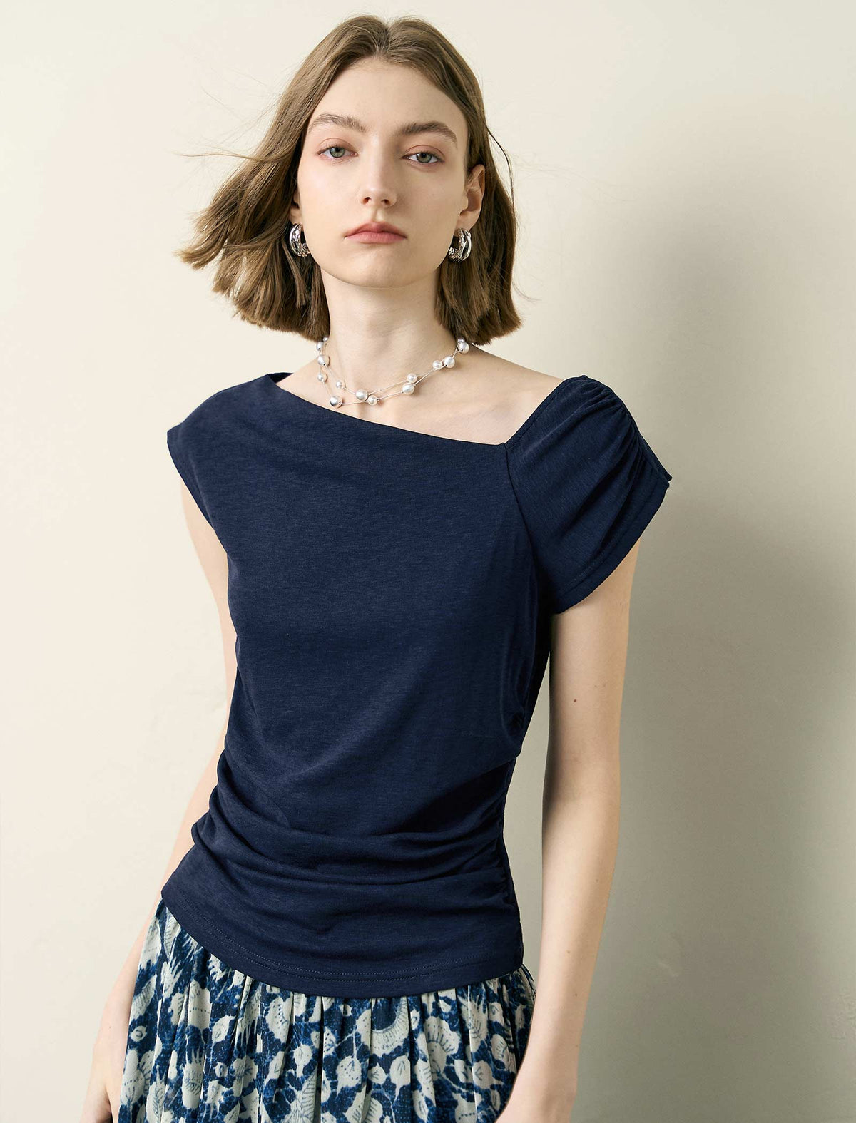 Navy Blue Asymmetric Neck Ruched Knit Top