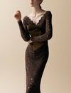 Brown Lace Long Sleeve Midi Dress