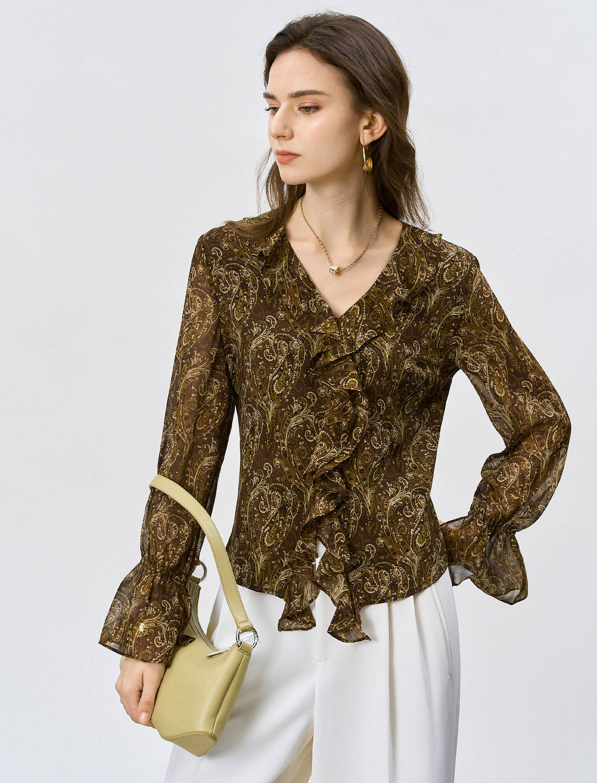 Brown Paisley Print Ruffle Chiffon Blouse