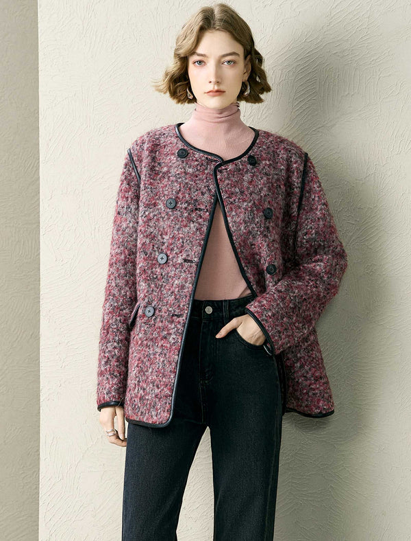 Tweed Wool-Blend Faux Leather Trim Jacket