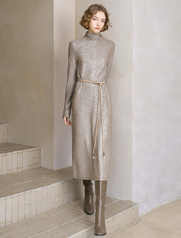 All-Over Sequin Turtleneck Midi Dress