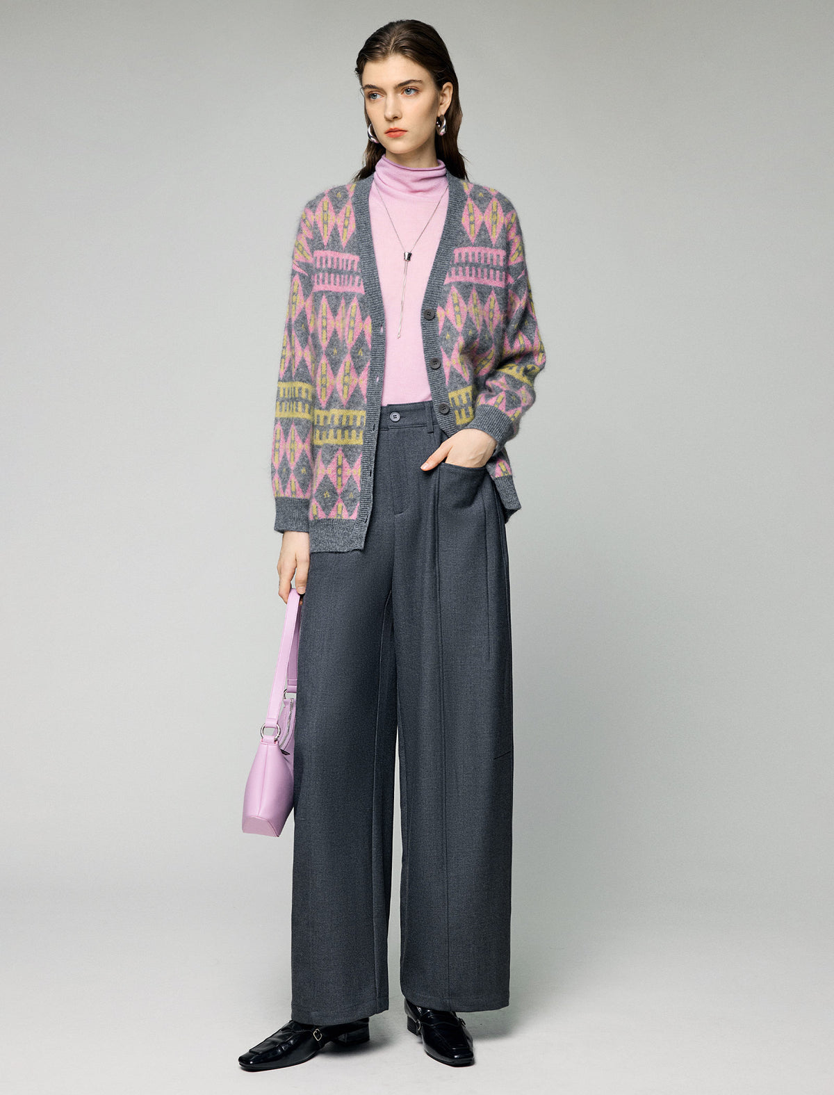 Wool and Mulberry Silk Blend Geometric V-Neck Button-Front Cardigan