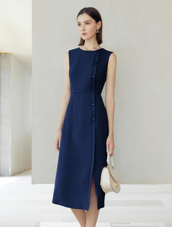 Sleeveless Sheath Midi Dress with Single-Breasted Detail
