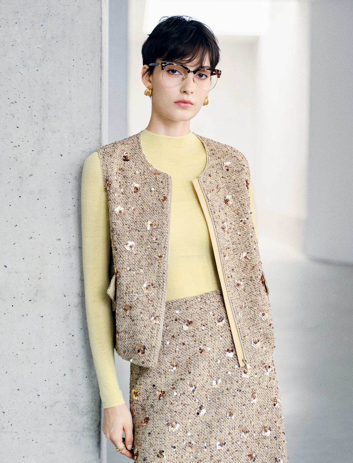 Sequin Textured Zip Front Sleeveless Vest