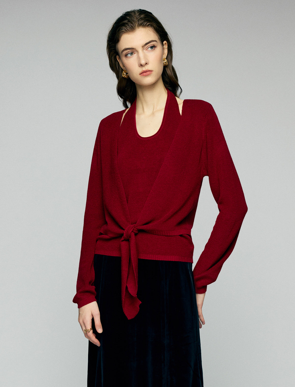 Layered Tie Front Long Sleeve Knit Top
