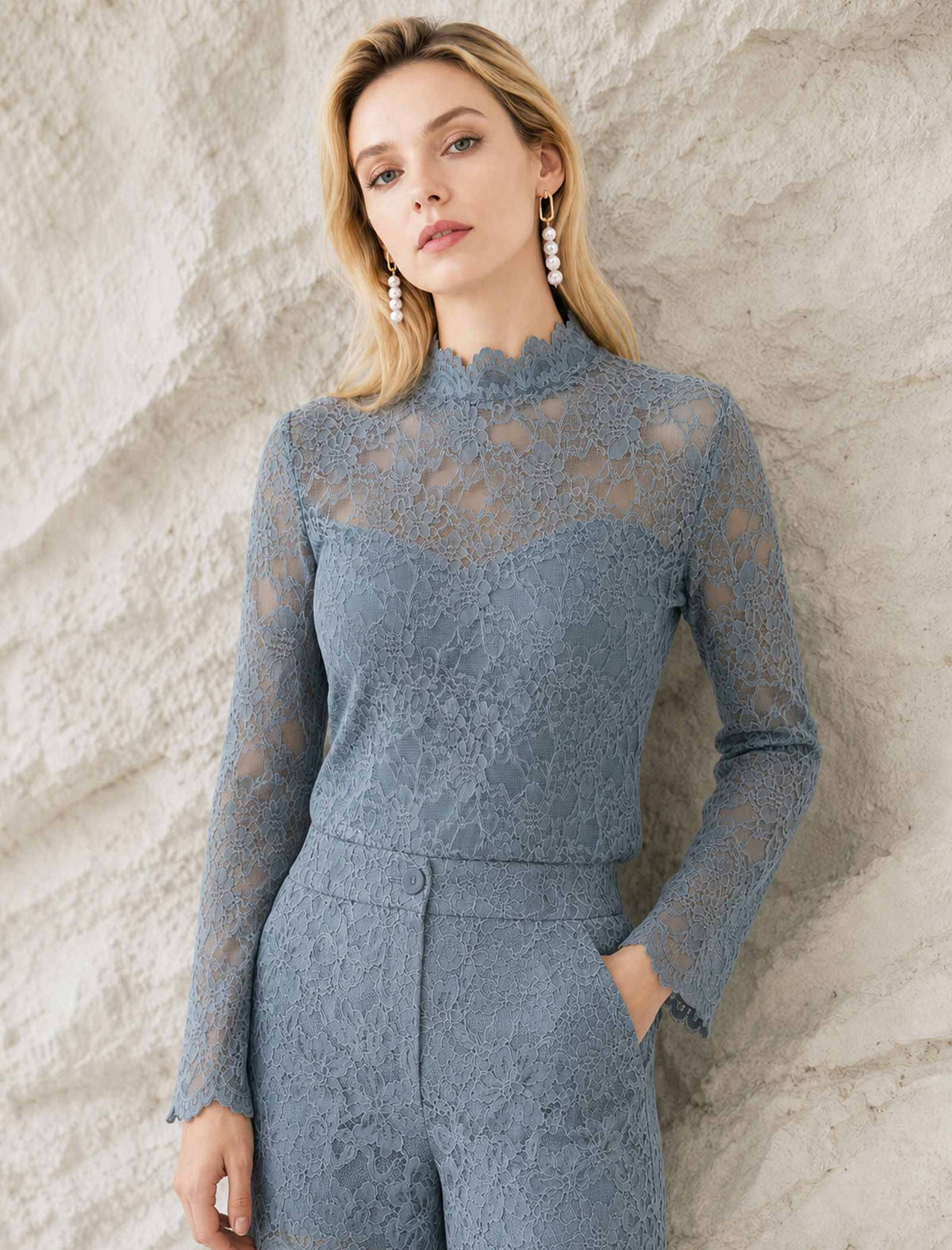 Dusty Blue Floral Lace High Neck Long Sleeve Top