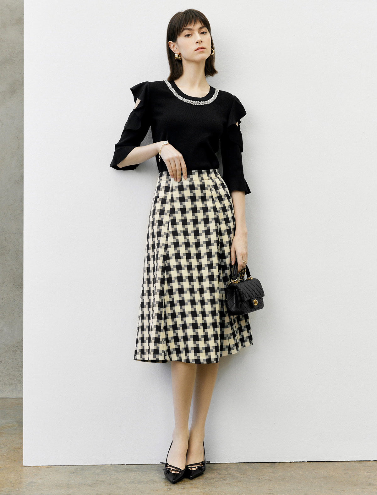 High Waist Pleated Houndstooth Midi Skirt
