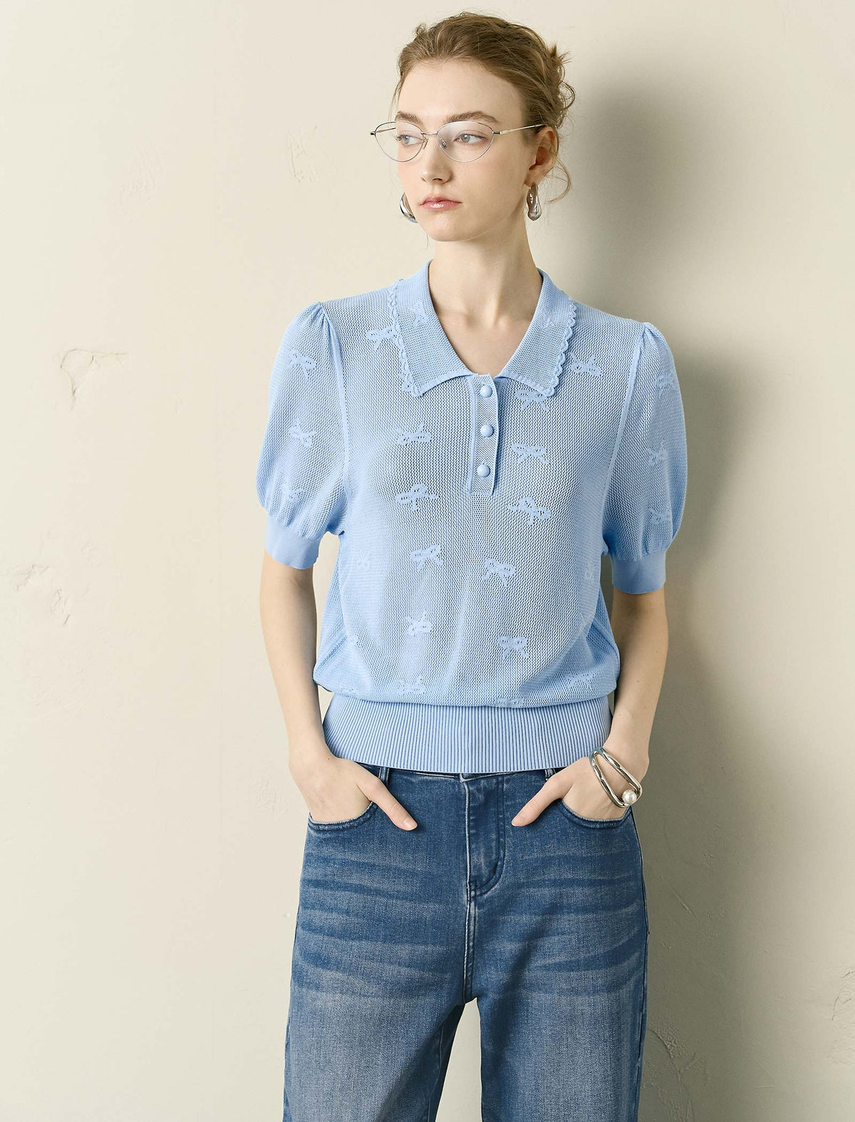 Puff Sleeve Polo Knit Top with Embroidery