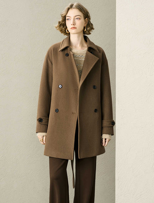 Wool-Blend Double-Breasted Lapel Collar Belted Coat