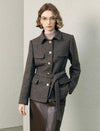 Wool Blend Textured Collared Belted Utility Jacket