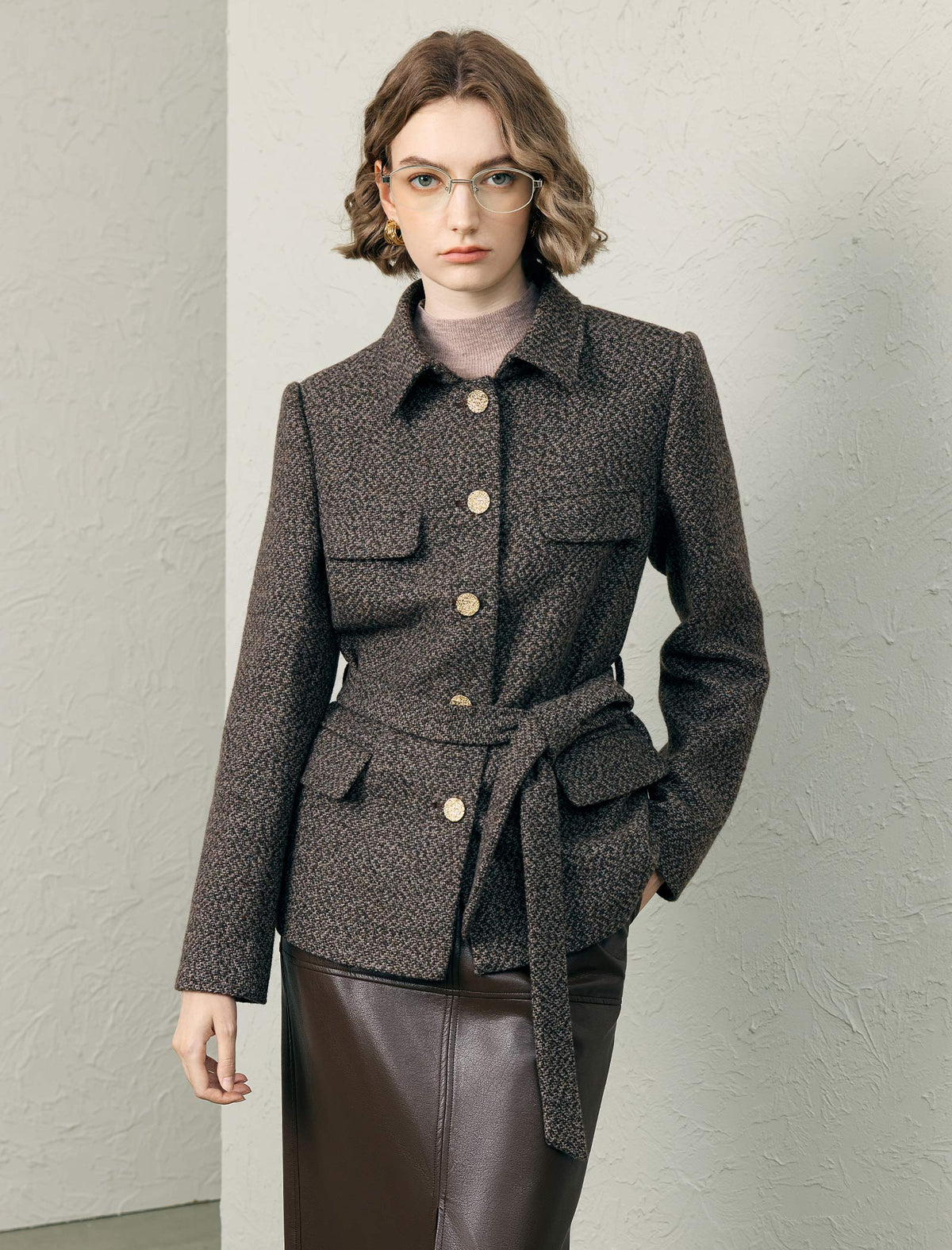 Wool Blend Textured Collared Belted Utility Jacket