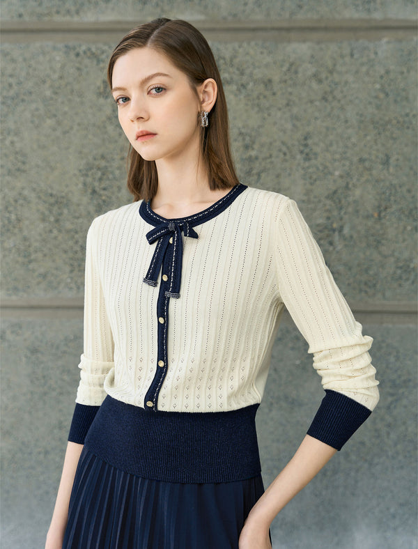 Contrast Bow Detail Knit Cardigan
