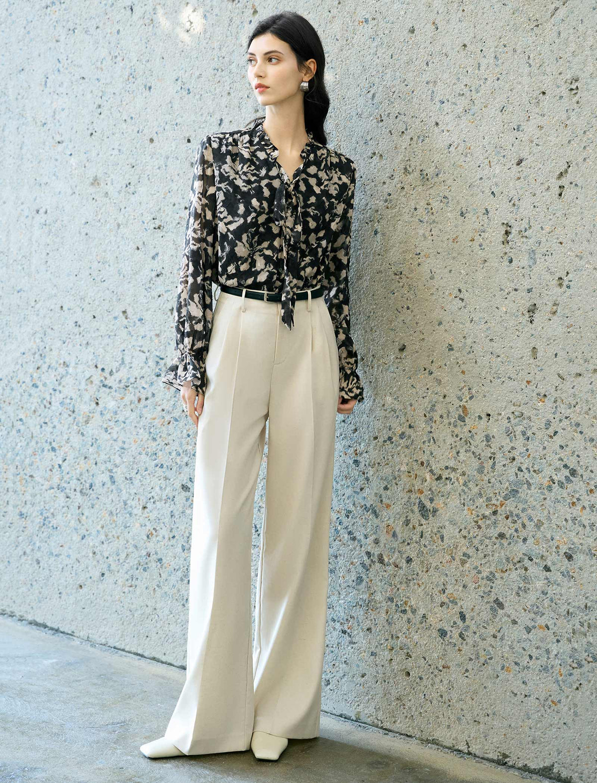 Beige High-Waisted Wide-Leg Trousers