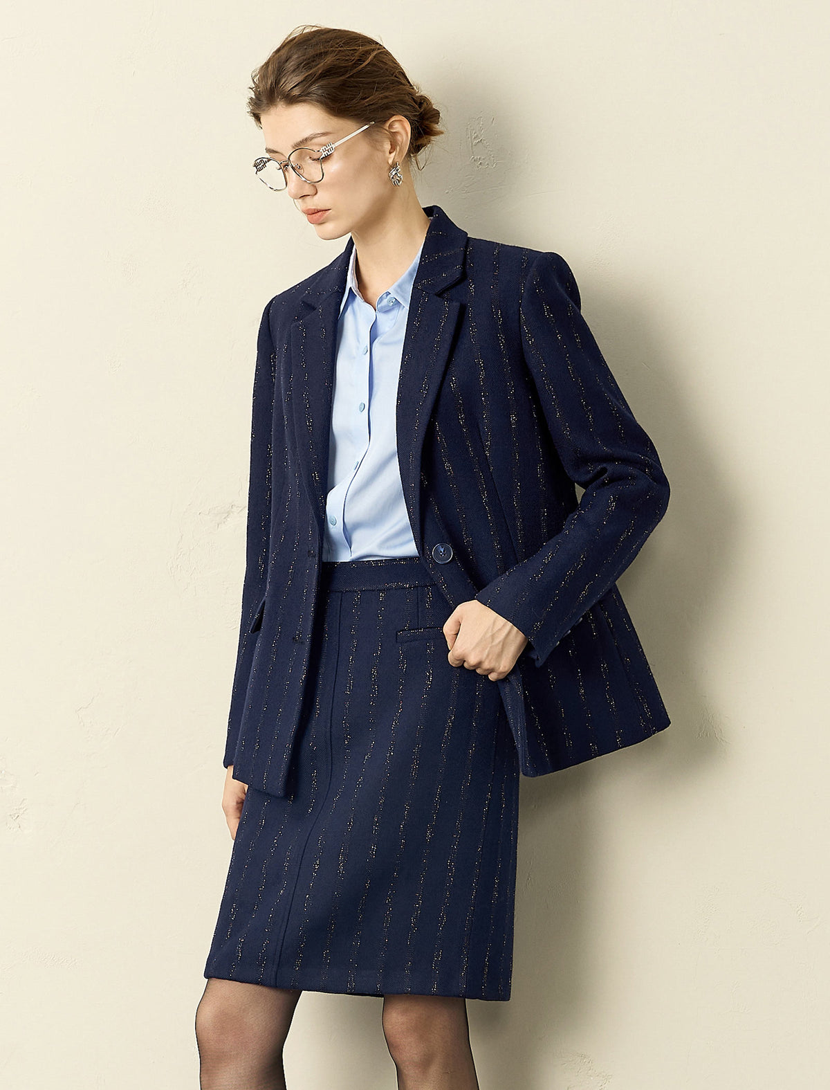 Wool Blend Navy Blue Metallic Striped Blazer