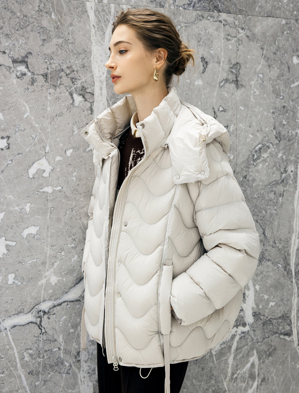 Wave-Quilted Hooded Drawstring Cropped Puffer Jacket
