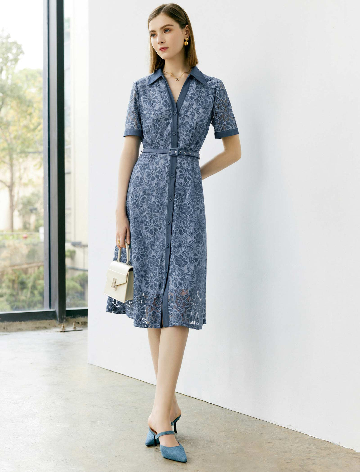 Cutout Lace Shirt Collar Dress