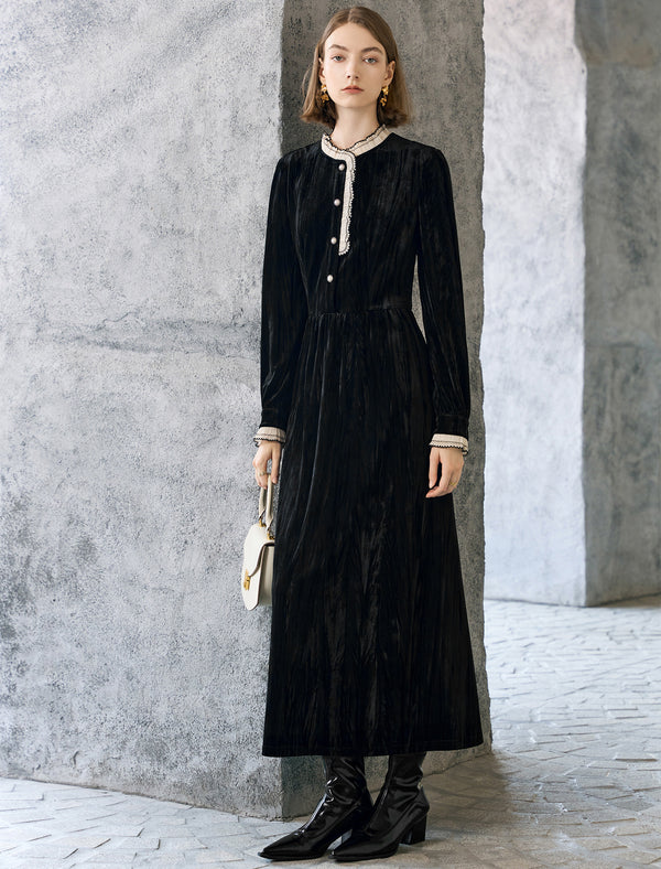 Black Velvet Contrast Trim Midi Dress
