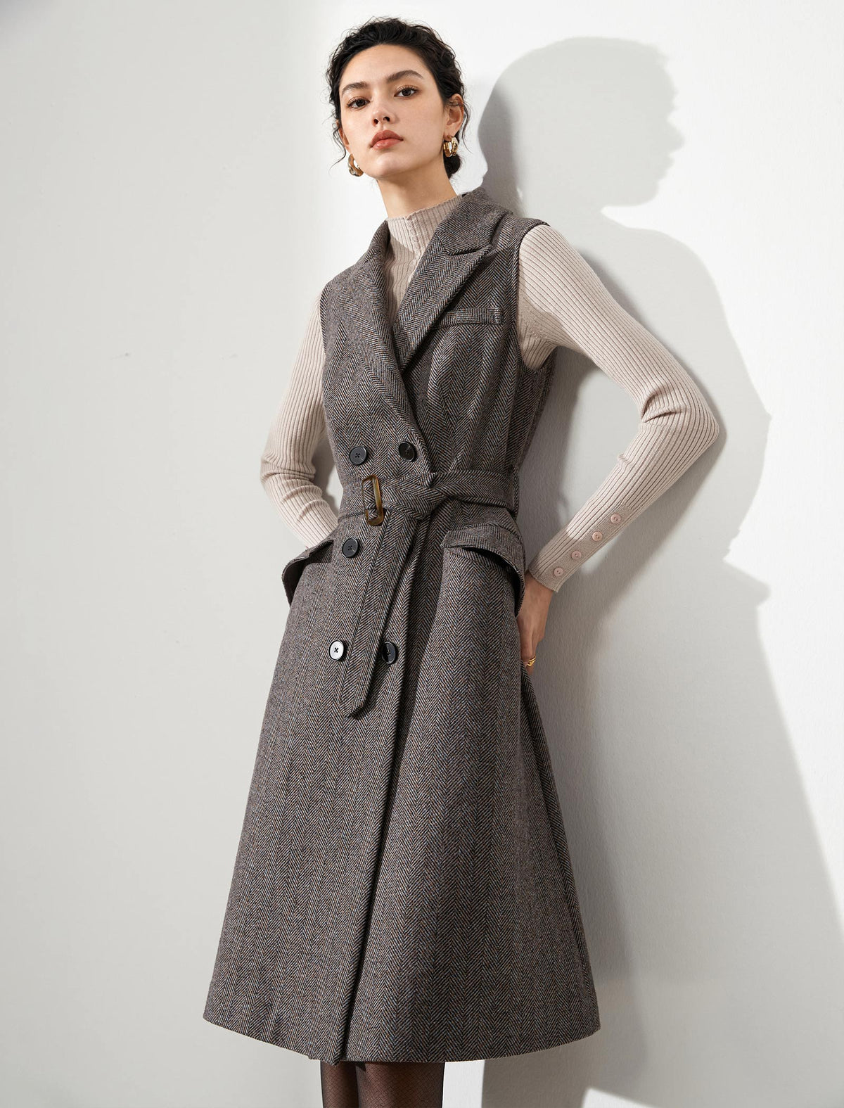 Wool Blend Sleeveless Belted Dress