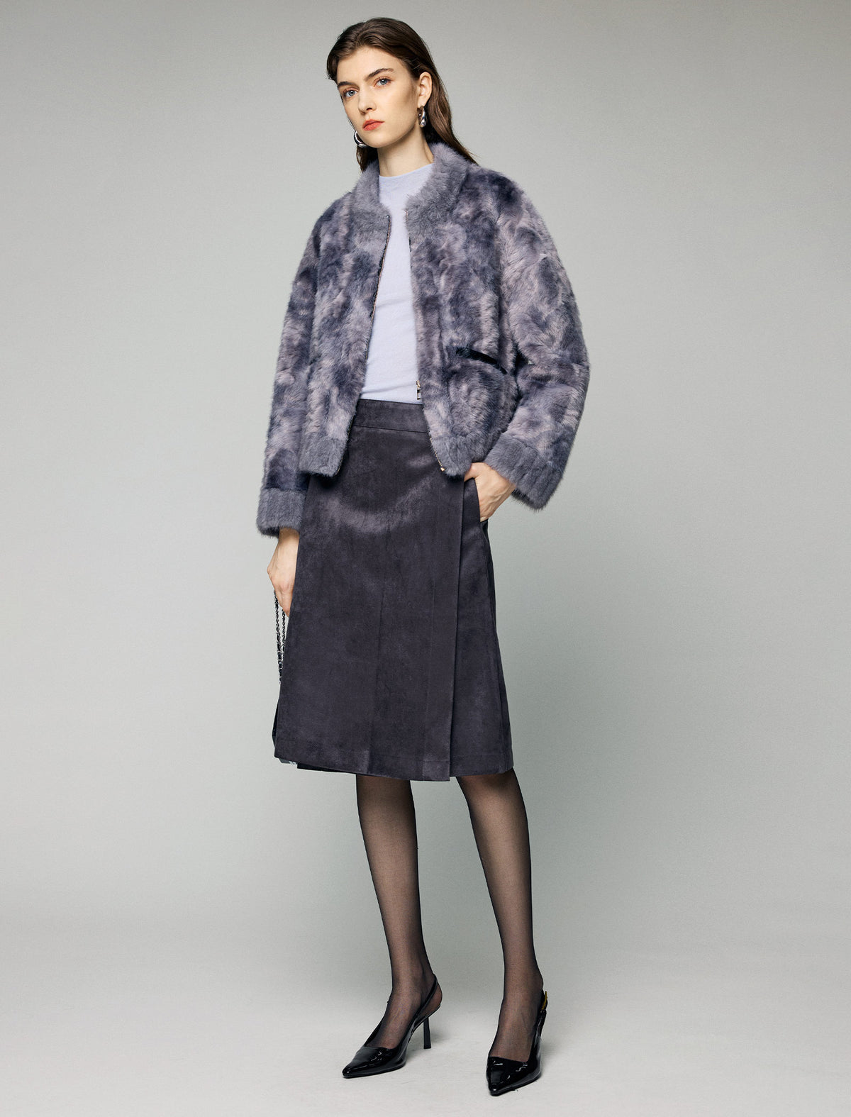 Stand-Collar Ribbed-Cuff Zip-Front Cropped Jacket