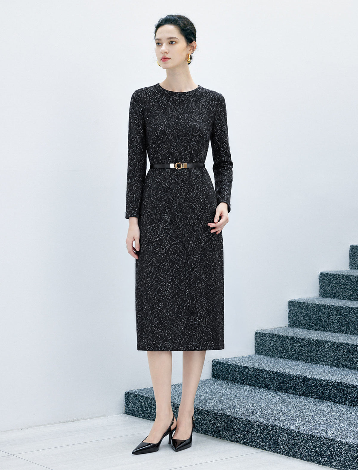 Crewneck Long Sleeve Belted Relaxed Midi Dress