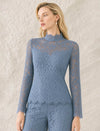 Dusty Blue Floral Lace High Neck Long Sleeve Top
