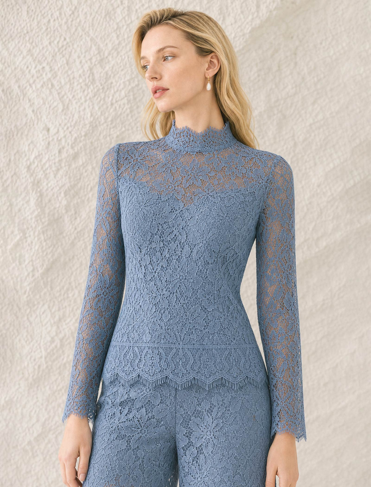 Dusty Blue Floral Lace High Neck Long Sleeve Top