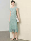 Mint Green Lace Pleated Beaded Neckline Midi Dress