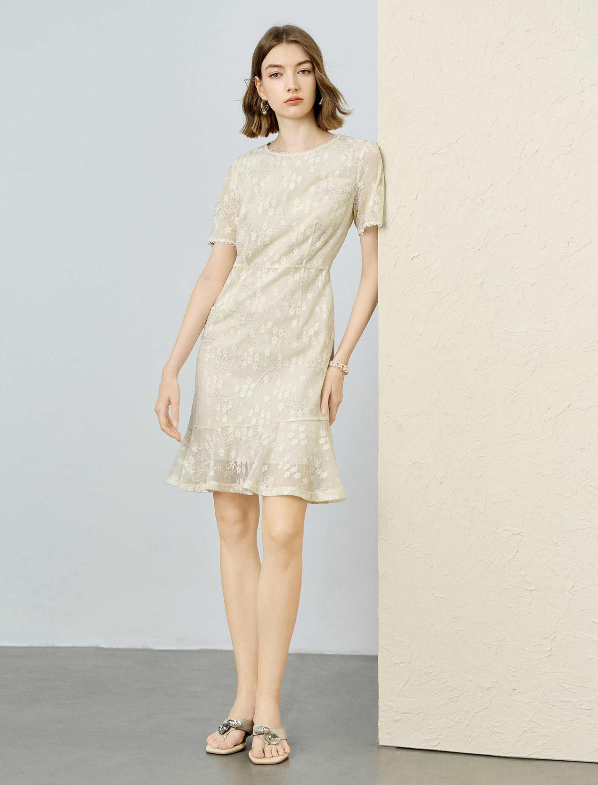 Cream Floral Embroidered Mesh Ruffle Hem Dress