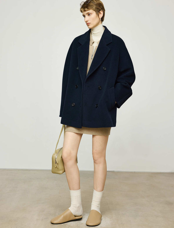 Wool-Cashmere Blend Double-Breasted Short Coat