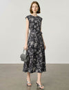 Black Abstract Line Print Sleeveless Tie Waist Midi Dress