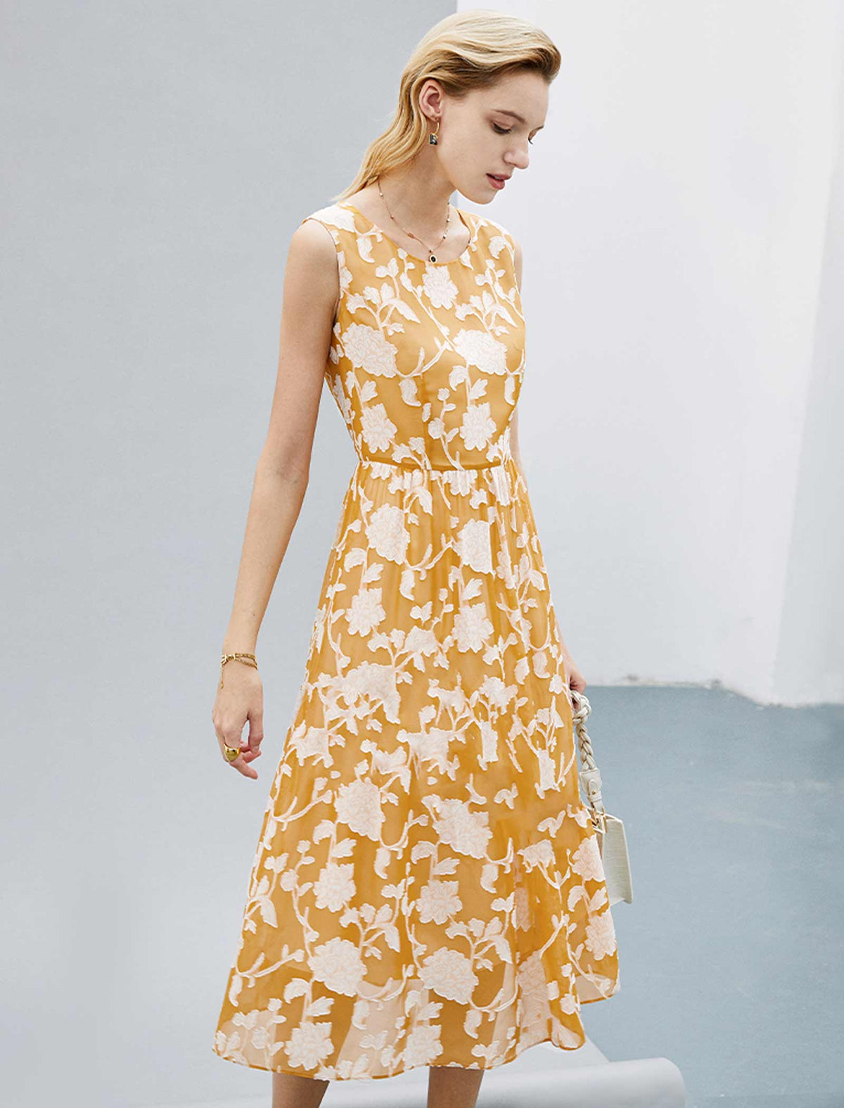 Mustard Floral Sleeveless Midi Dress