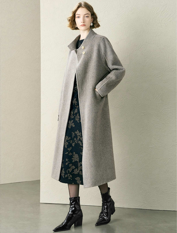 Wool-Blend Stand-Up Collar Belted Maxi Coat
