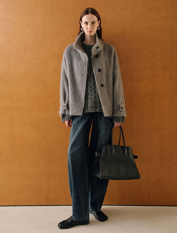 Wool-Cashmere Silk Blend Stand Collar Fuzzy Jacket