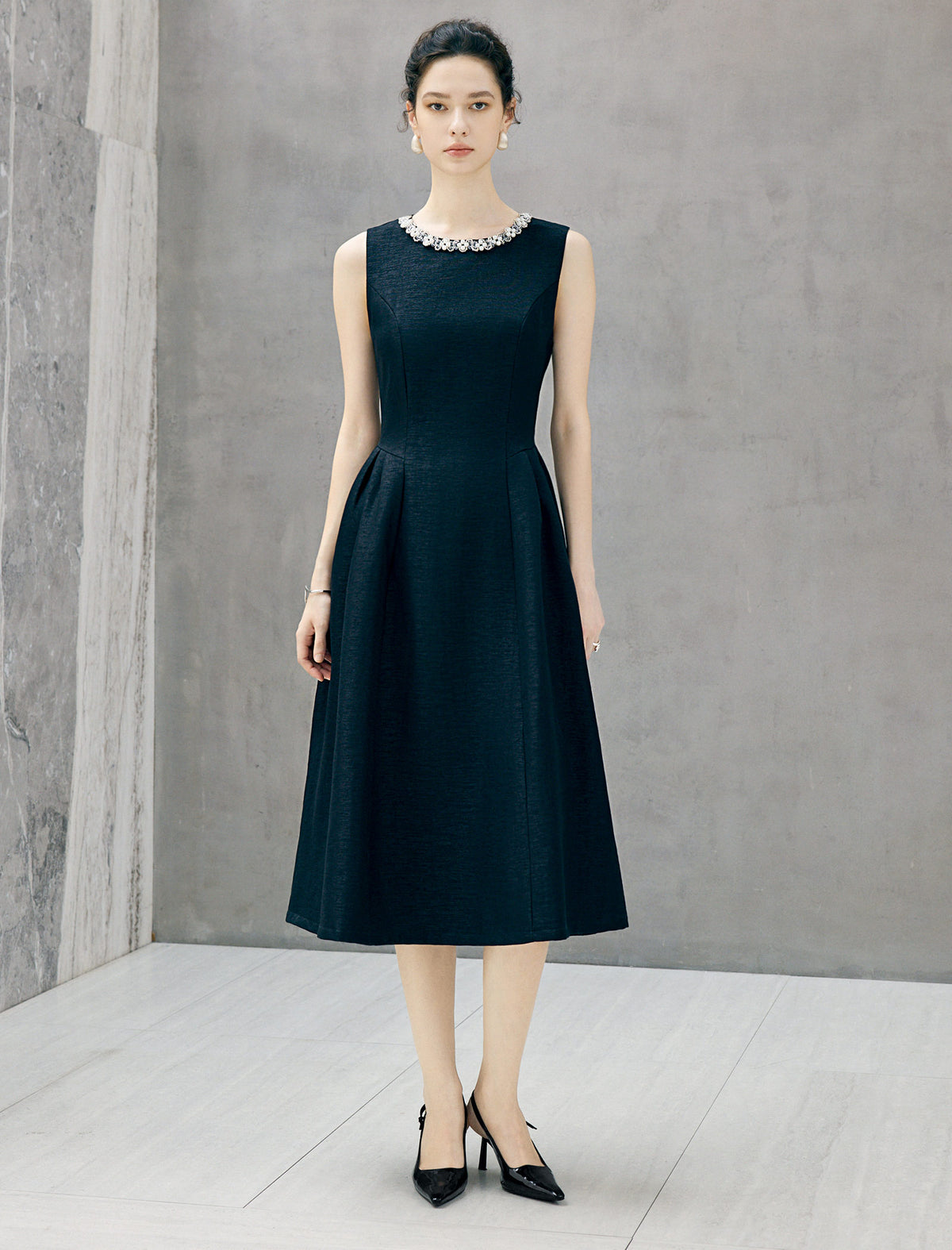 Beaded Round Neck Sleeveless Midi Dress