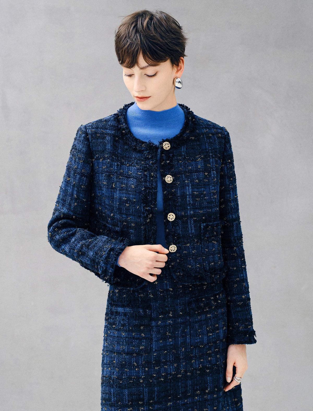 Metallic Thread Textured Round Neck Cropped Jacket