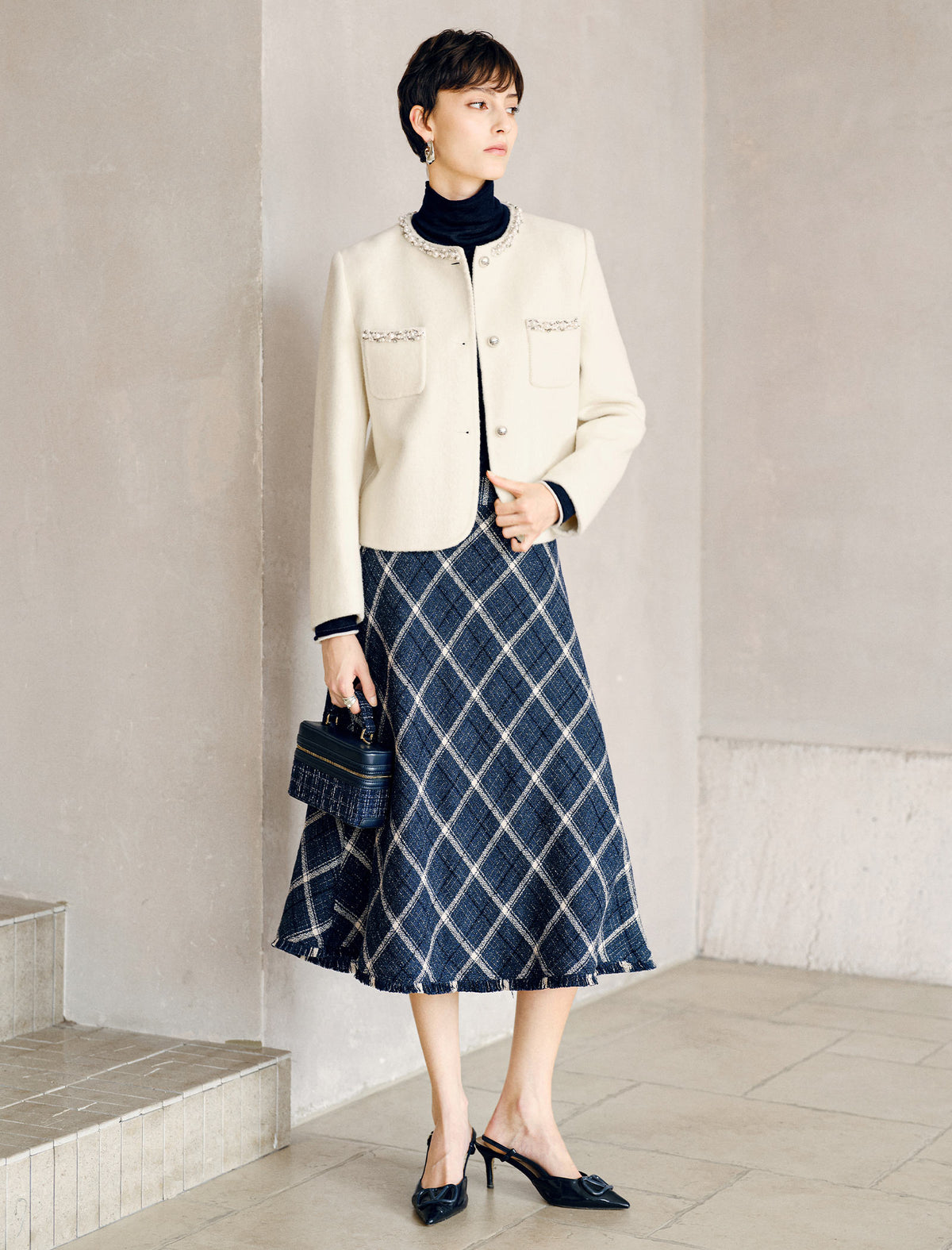 Geometric Plaid with Fringe Hem A Line Midi Skirt