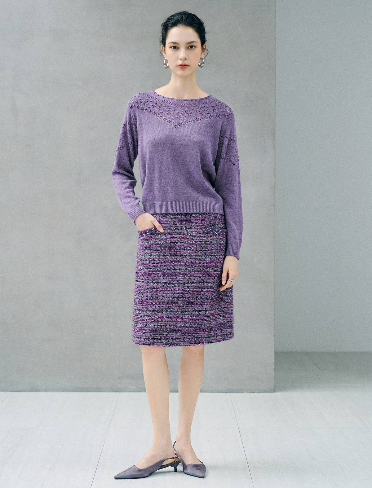 Wool Blend Textured High Waist H Line Braided Trim Midi Skirt