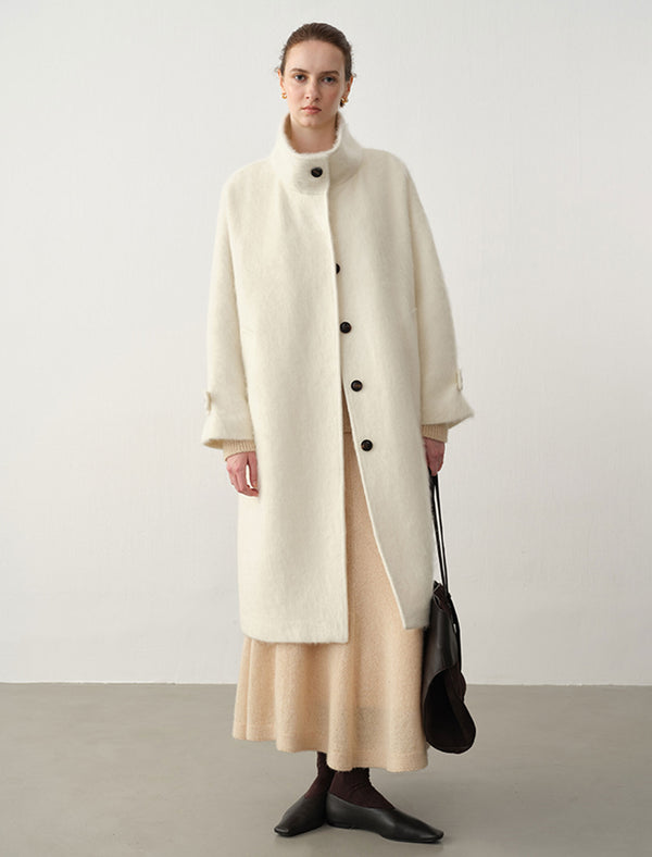 Wool-Cashmere Silk Blend Stand Collar Fuzzy Long Coat