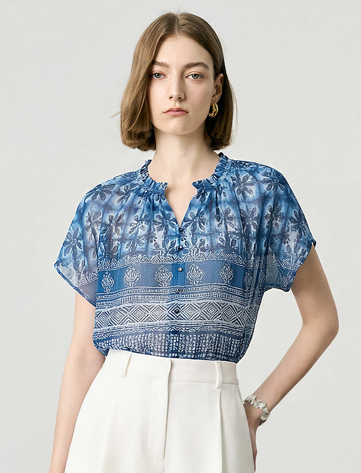 Blue Batik Print Short-Sleeve Blouse