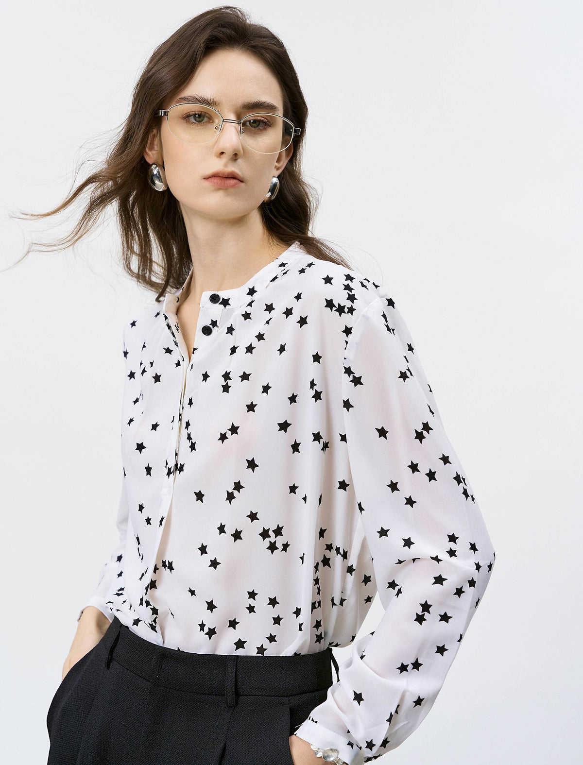 Star Print Mandarin Collar Blouse