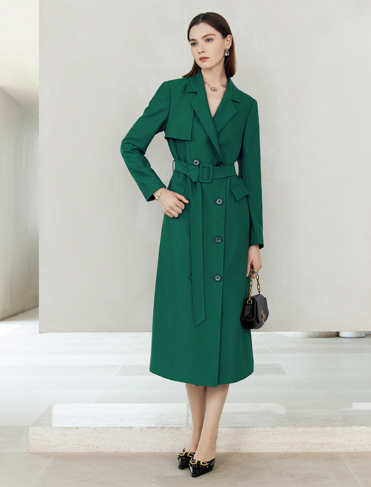 Gathered Waist Double-Breasted Trench Coat