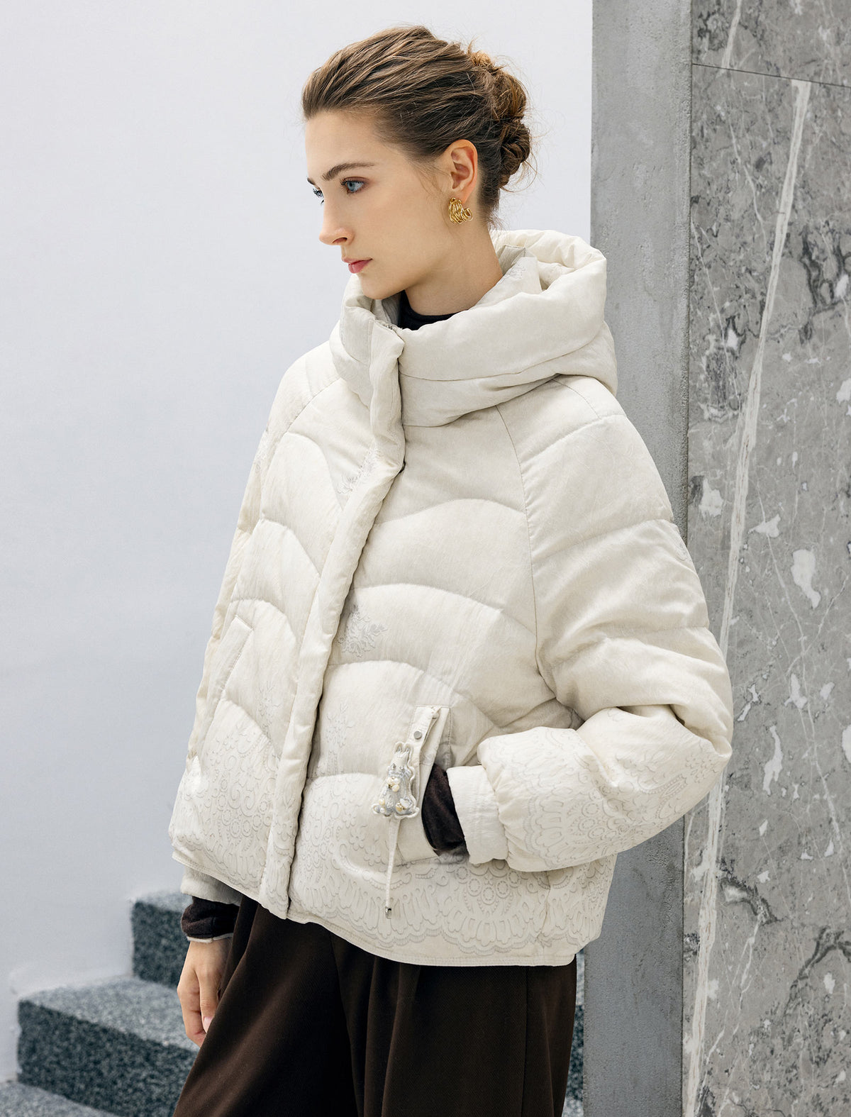Floral Pattern Hooded Zip-Front Cropped Puffer Jacket