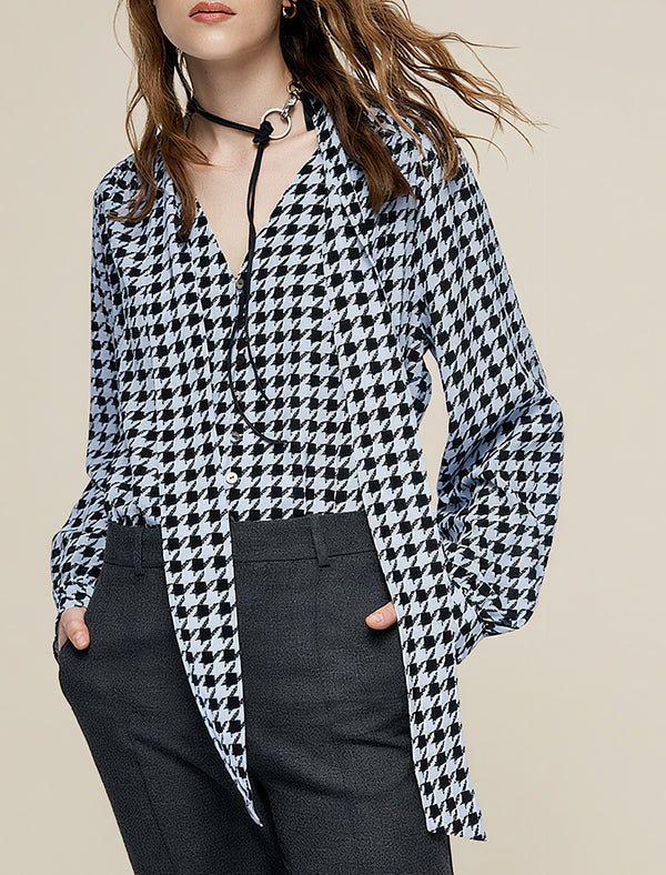 100% Mulberry Silk Houndstooth Tie-Neck Blouse