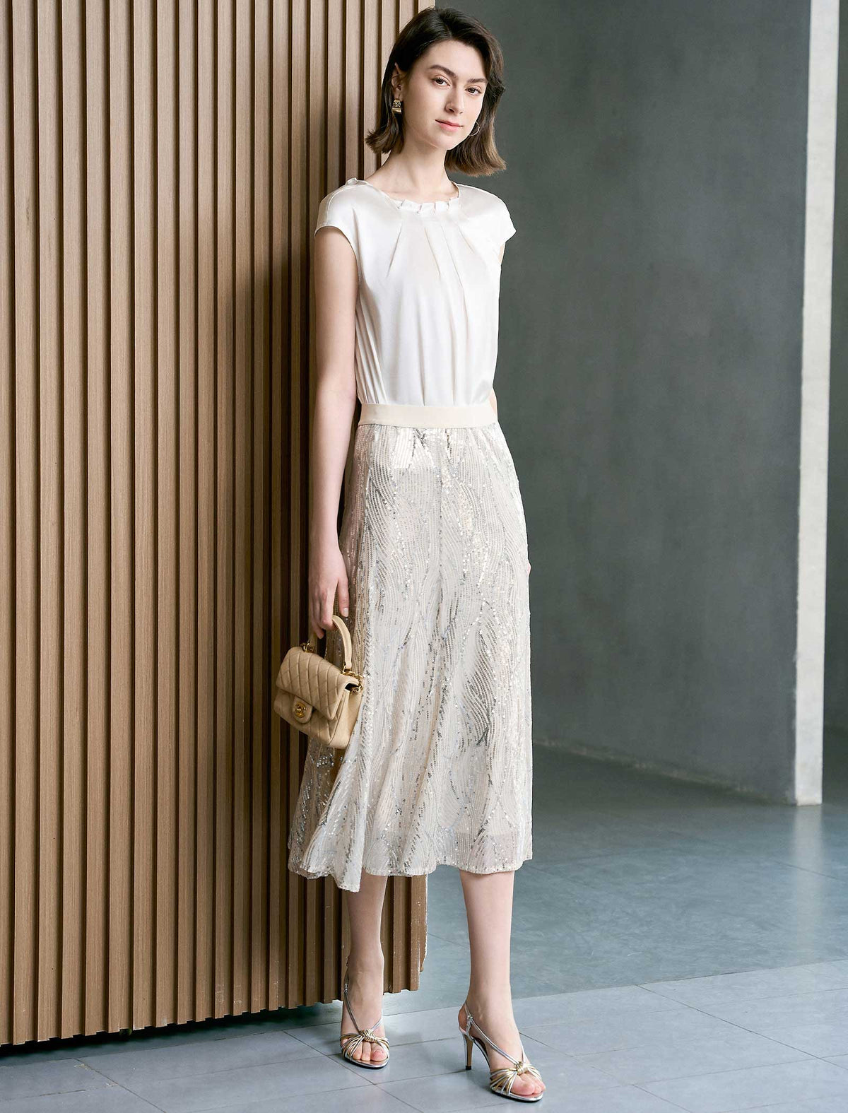 Champagne Wavy Sequin Midi Flare Skirt